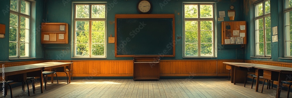 Empty classroom with a clean blackboard and one desk in focus. Empty classroom with a clean blackboard and one desk in focus.