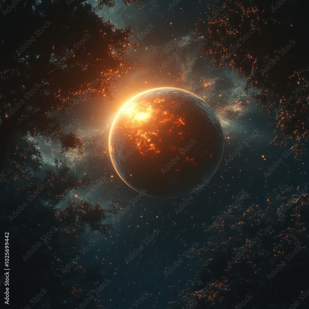 Obraz premium Fiery Planet in a Starry Sky