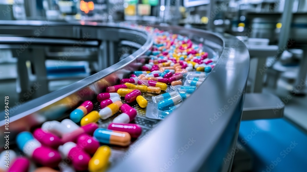 Pills on a Conveyor Belt in a Pharmaceutical Factory. Pills on a Conveyor Belt in a Pharmaceutical Factory.