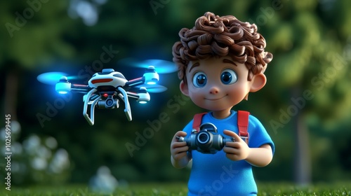 Happy Boy Controls Drone in a Green Park Setting