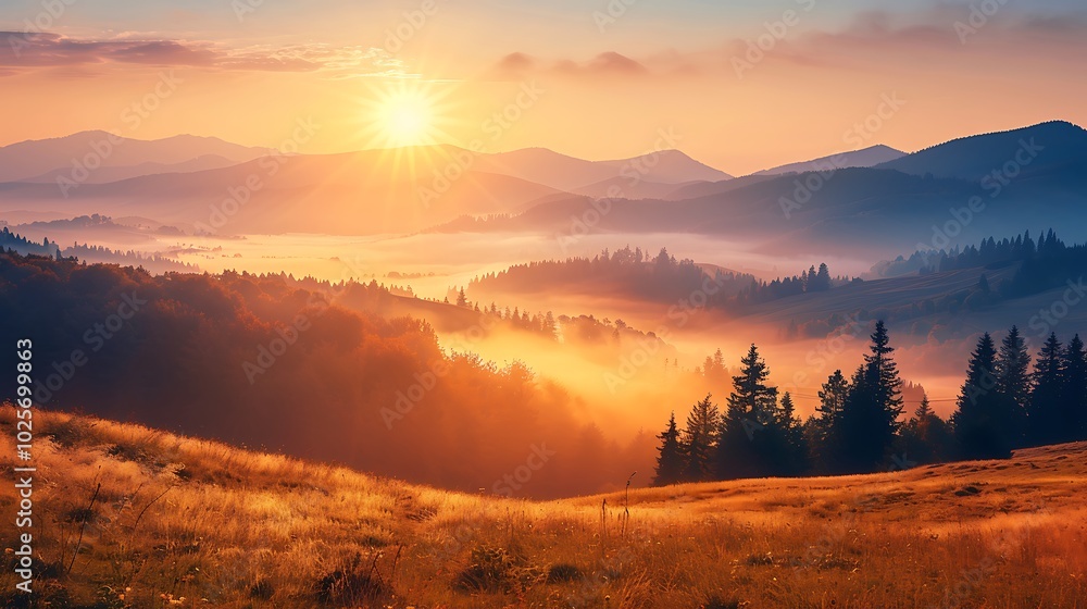 Beautiful sunrise at misty morning mountains Beautiful sunrise at misty morning mountains