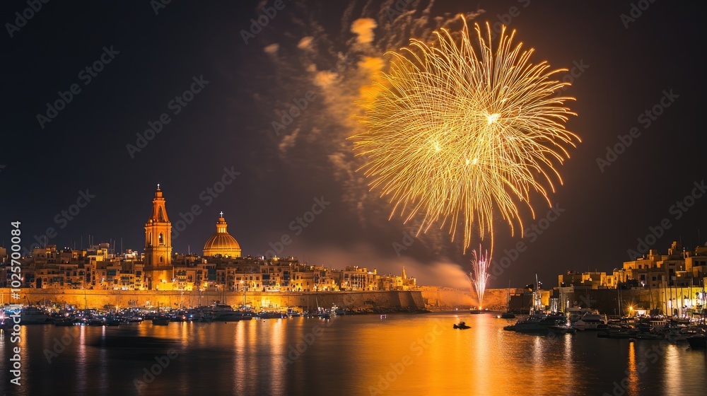 Naklejka premium A stunning yellow fireworks display bursts above Marsaxlokk, Malta, in celebration of the tal-Madonna Pompei religious feast.