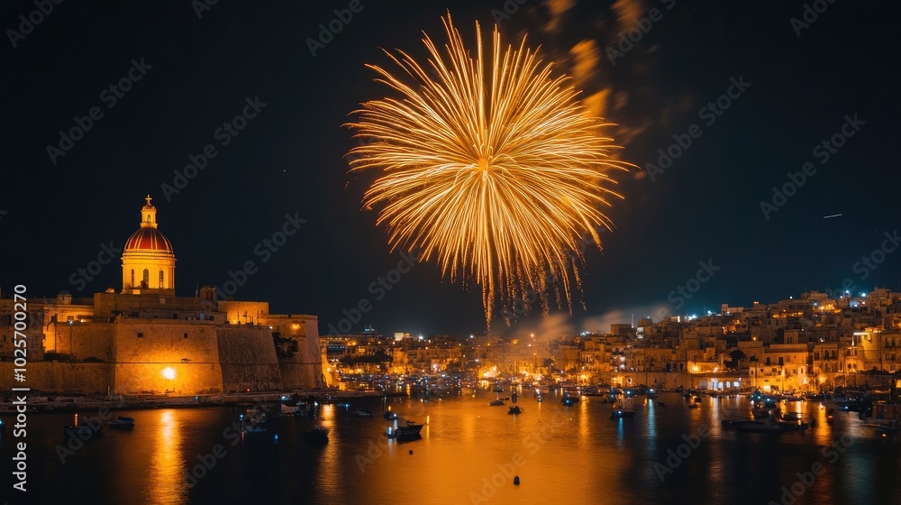 A stunning yellow fireworks display bursts above Marsaxlokk, Malta, in celebration of the tal-Madonna Pompei religious feast. A stunning yellow fireworks display bursts above Marsaxlokk, Malta, in celebration of the tal-Madonna Pompei religious feast.