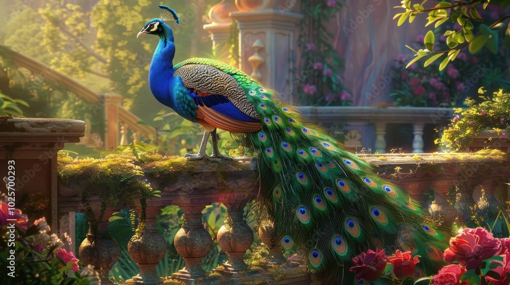 Obraz premium Peacock Perched on a Stone Balustrade in a Lush Garden