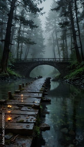 Misty Troll Bridge Over a Haunted River – Eerie Forest Setting with Glowing Lights