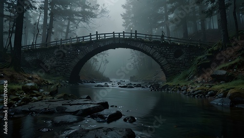 Misty Troll Bridge Over a Haunted River – Eerie Forest Setting with Glowing Lights