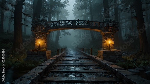 Misty Troll Bridge Over a Haunted River – Eerie Forest Setting with Glowing Lights