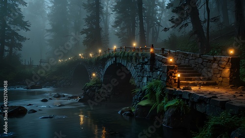Misty Troll Bridge Over a Haunted River – Eerie Forest Setting with Glowing Lights