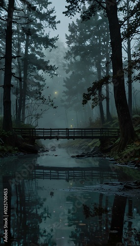 Wallpaper Mural Misty Troll Bridge Over a Haunted River – Eerie Forest Setting with Glowing Lights Torontodigital.ca