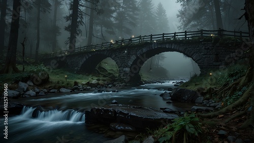 Misty Troll Bridge Over a Haunted River – Eerie Forest Setting with Glowing Lights