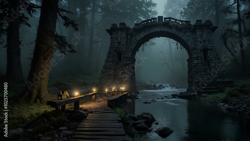 Misty Troll Bridge Over a Haunted River – Eerie Forest Setting with Glowing Lights