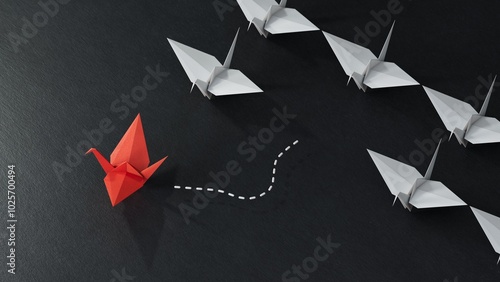 Different business concept.new ideas. paper art style. creative idea.Leaderswan concept using red paper swan among white swans.3D rendering on black background.
 photo