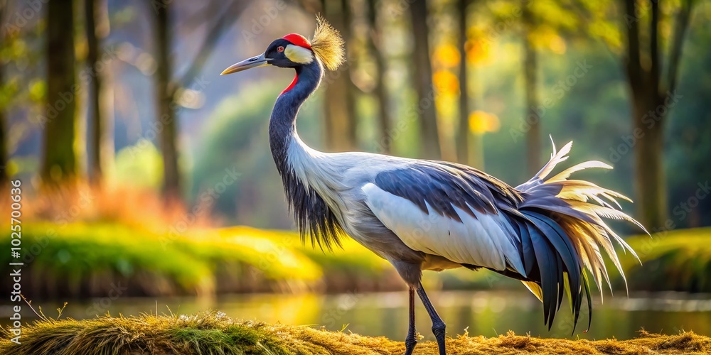 Fototapeta premium Majestic Chinese Crane Bird in Natural Habitat with Graceful Plume and Elegant Posture Displayed