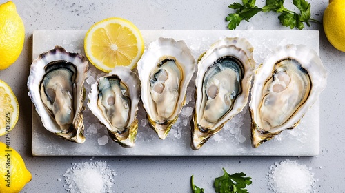 Fresh Oysters on Ice: Gourmet seafood platter featuring five succulent oysters on the half shell, served with lemon wedges, ice, parsley, and sea salt. A delectable image perfect for restaurant menus.