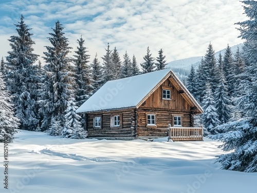 Charming wooden cabin surrounded by snow-covered trees in a peaceful winter forest, under a clear blue sky.