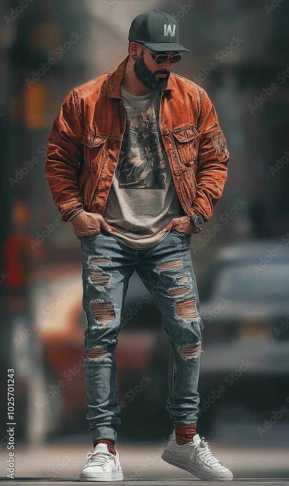Man in orange jacket, ripped jeans, and white sneakers. Man in orange jacket, ripped jeans, and white sneakers.