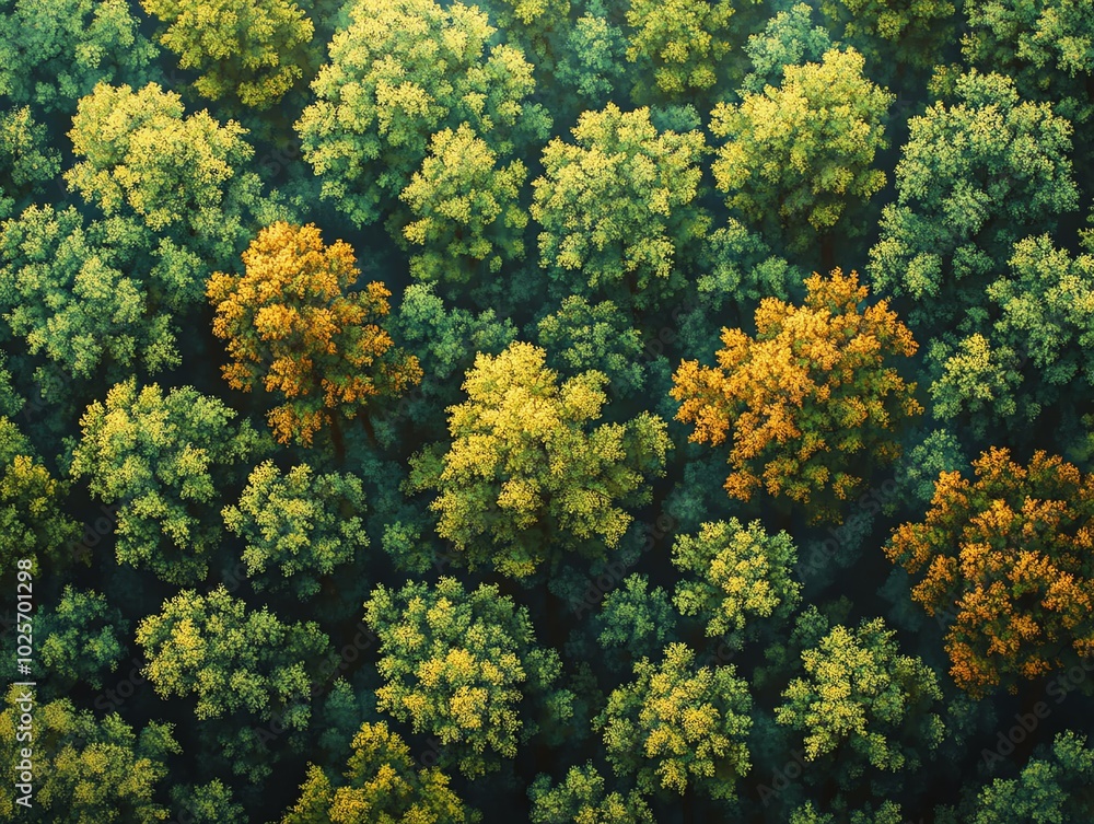 Naklejka premium Aerial view of vibrant forest with diverse tree colors.