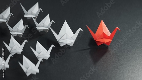 Different business concept.new ideas. paper art style. creative idea.Red and white paper swan. Leaderswan concept.3D rendering on black background.
 photo