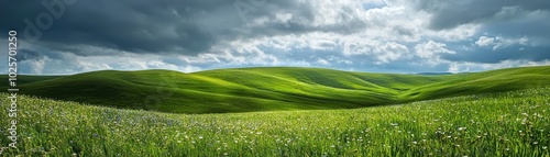 Scenic green rolling hills under dramatic cloudy sky with wildflowers in foreground, showcasing natural beauty and peaceful landscape.