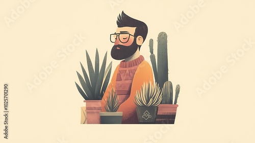 Stylish man with a beard surrounded by potted plants.