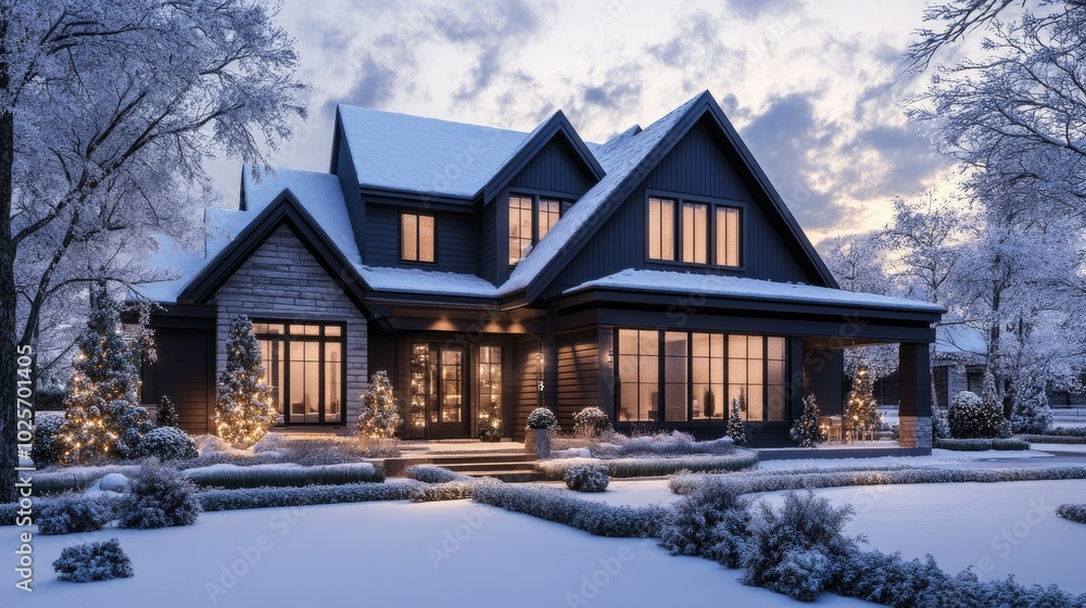 A tranquil dark chocolate suburban house on a vast lot, surrounded by winter warm hues, giving off cozy and inviting charm. A tranquil dark chocolate suburban house on a vast lot, surrounded by winter warm hues, giving off cozy and inviting charm.
