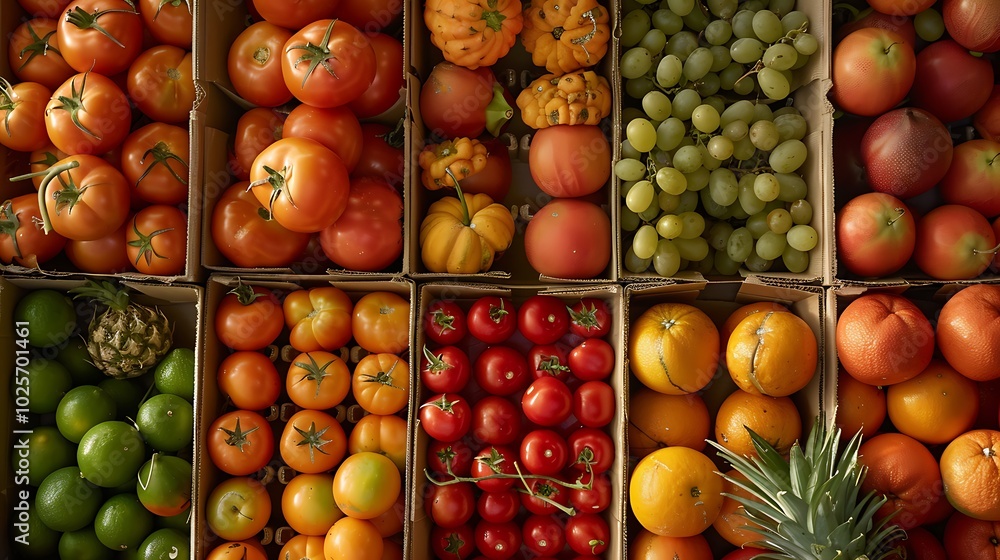 Boxes of tropical fruit like tomatoes papaya dragon fruit guava persimmon mandarins and pineapples Boxes of tropical fruit like tomatoes papaya dragon fruit guava persimmon mandarins and pineapples