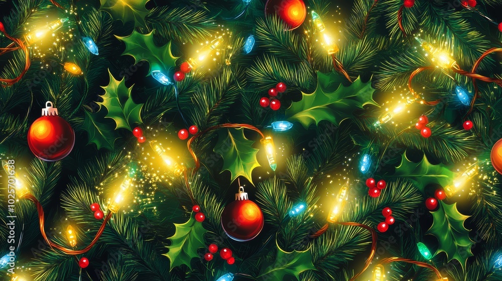 Christmas Ornaments and Lights on Evergreen Tree Branches. Christmas Ornaments and Lights on Evergreen Tree Branches.