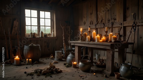 Witch's Altar in an Abandoned Barn – Spell Books, Herbs, and a Bubbling Cauldron photo