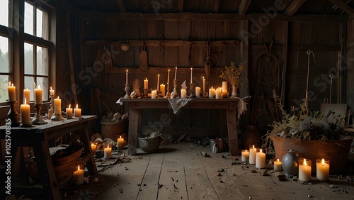 Witch's Altar in an Abandoned Barn – Spell Books, Herbs, and a Bubbling Cauldron photo