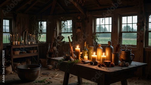 Witch's Altar in an Abandoned Barn – Spell Books, Herbs, and a Bubbling Cauldron photo