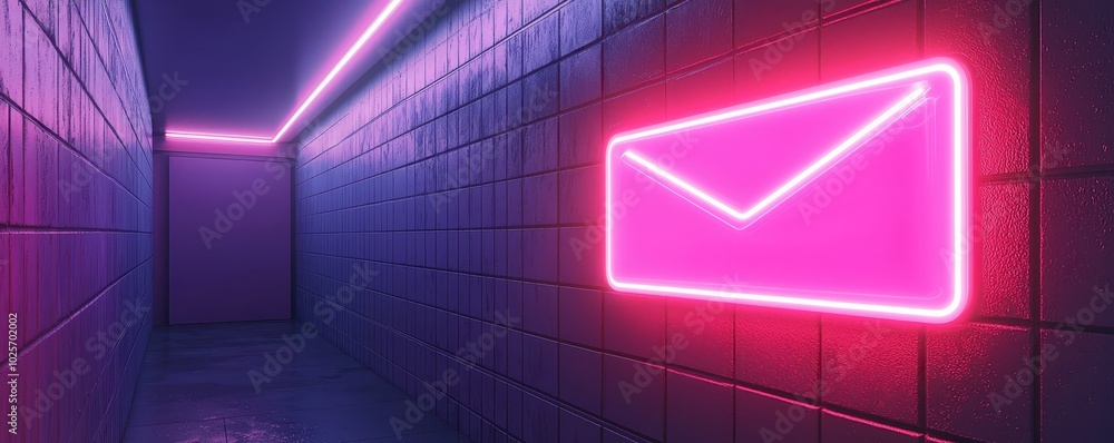 Futuristic neon mail icon glowing in a dark corridor, representing digital communication and modern technology concepts. Futuristic neon mail icon glowing in a dark corridor, representing digital communication and modern technology concepts.