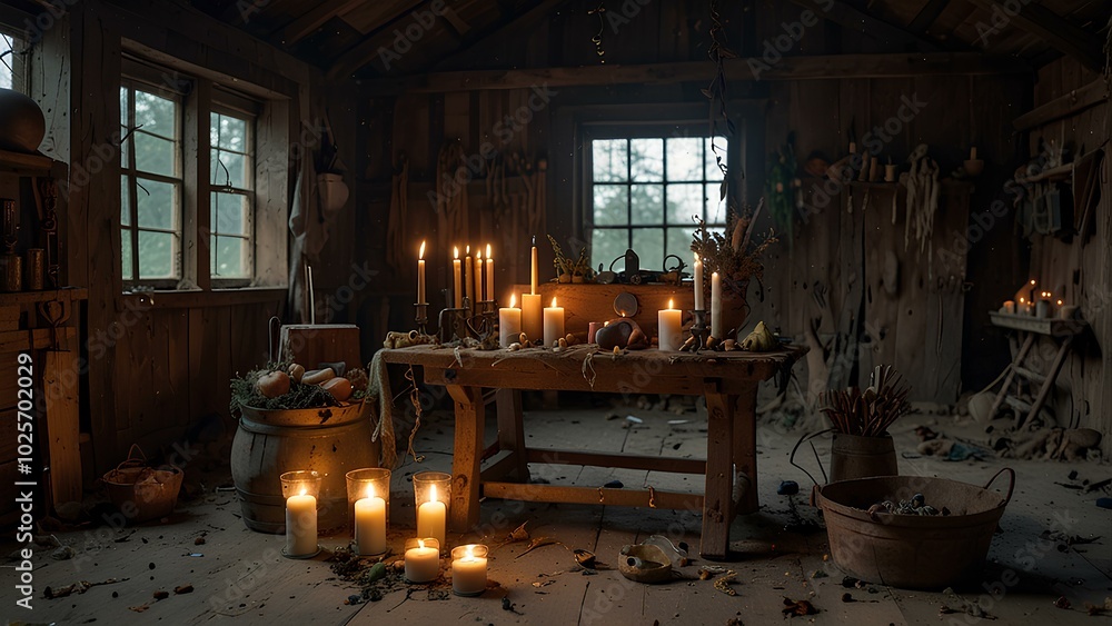 Witch's Altar in an Abandoned Barn – Spell Books, Herbs, and a Bubbling Cauldron Witch's Altar in an Abandoned Barn – Spell Books, Herbs, and a Bubbling Cauldron
