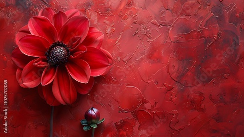 A vibrant red flower with a green center set against a textured red background featuring purple details, accompanied by a smaller purple flower for a bold and colorful composition.

