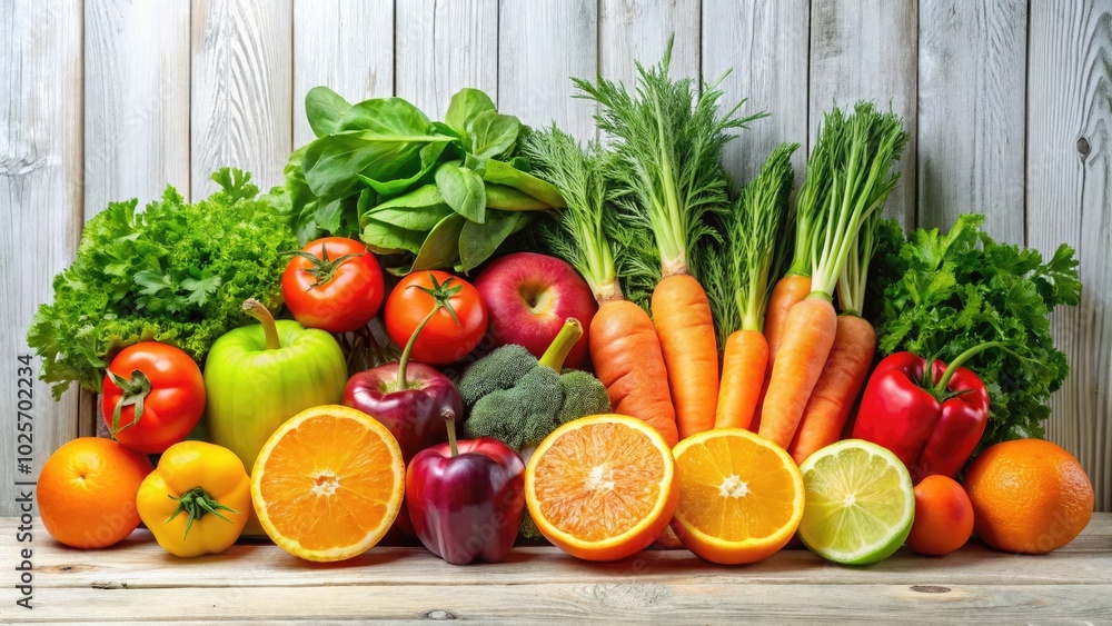 A colorful collection of fresh fruits and vegetables against a white background, embodying healthy eating ideas and encouraging nutritious choices for a vibrant lifestyle. A colorful collection of fresh fruits and vegetables against a white background, embodying healthy eating ideas and encouraging nutritious choices for a vibrant lifestyle.
