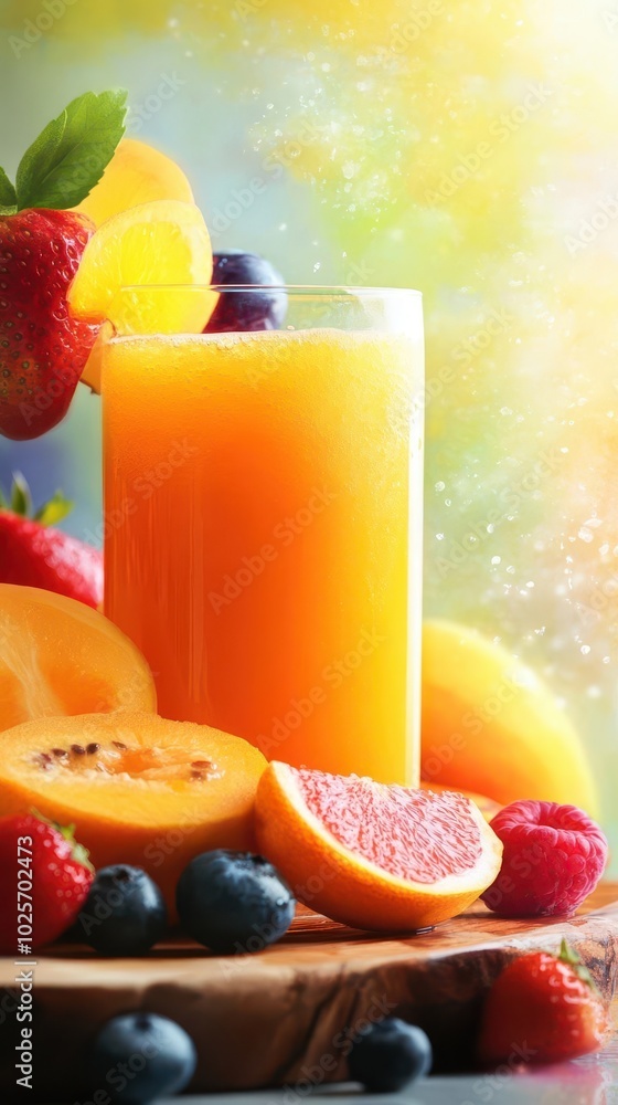 Closeup of a refreshing juice glass and vibrant fruits arranged on a wooden board Closeup of a refreshing juice glass and vibrant fruits arranged on a wooden board
