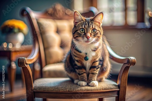 A cozy cat sprawls effortlessly on a chair, captured with tilt-shift photography, highlighting charming details sure to captivate every pet loverâ€™s heart. photo