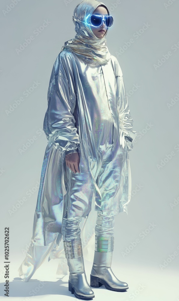 A woman in a futuristic silver outfit. A woman in a futuristic silver outfit.