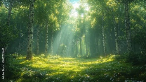 Sunlit Forest Glade with Dappled Sunbeams and Lush Foliage