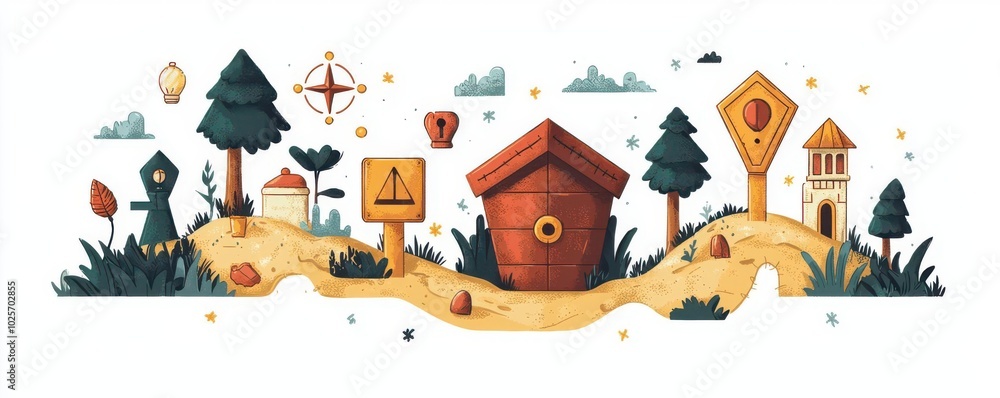 Fototapeta premium Colorful illustration of a scenic path with a birdhouse, trees, and various signs, creating a whimsical and inviting outdoor atmosphere.