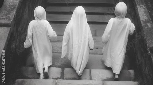 Three people wearing white robes are walking up a set of stairs. They are all wearing hoods photo