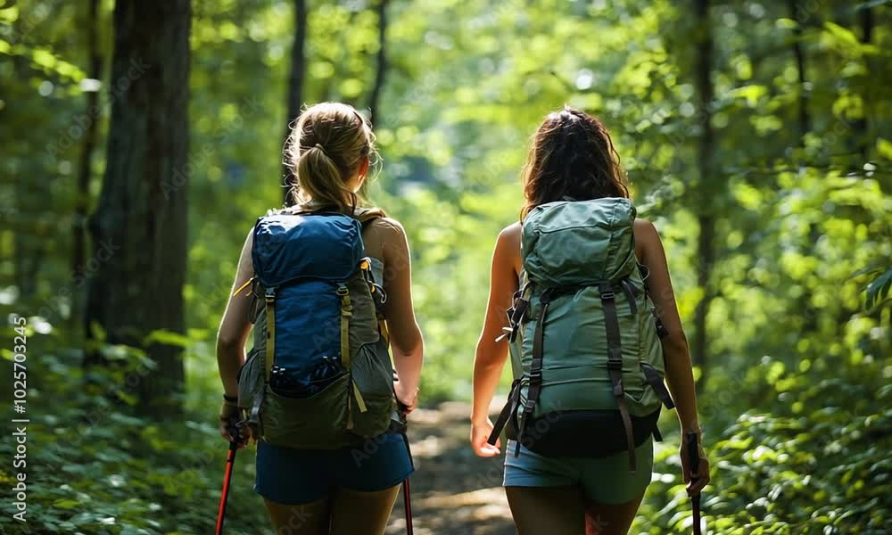 Two hikers with backpacks walking through a sunlit forest trail. Two hikers with backpacks walking through a sunlit forest trail.