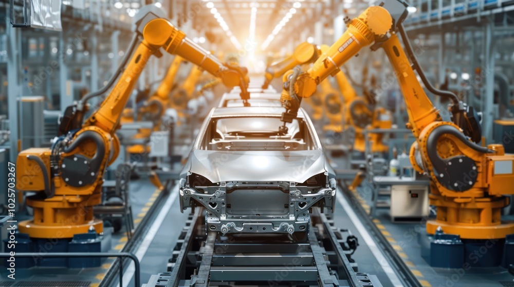 Robotic Arms Assembling a Car Body in a Factory Robotic Arms Assembling a Car Body in a Factory