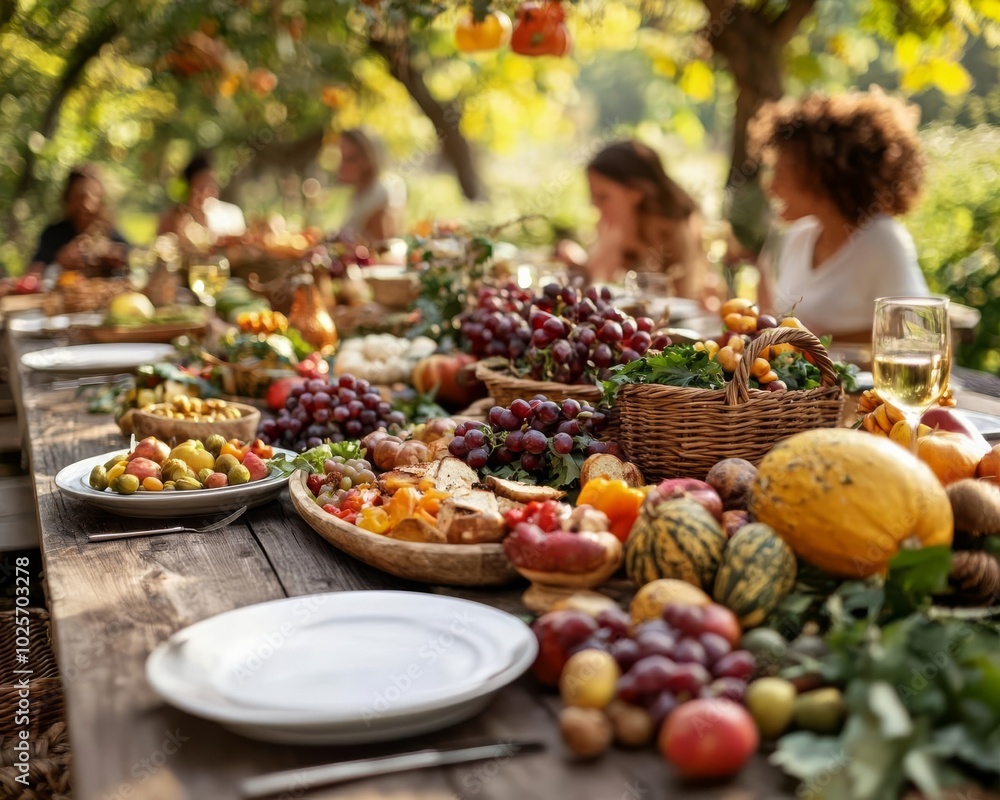 A vibrant outdoor feast with an array of fresh fruits and vegetables on a rustic table. A vibrant outdoor feast with an array of fresh fruits and vegetables on a rustic table.