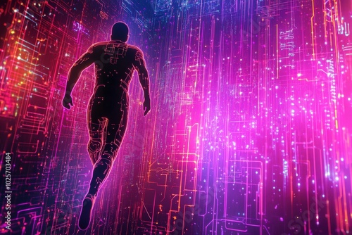 Wallpaper Mural A human silhouette running through a city of glowing neon circuits, as the lines of the digital city pulse with energy, representing the future of connectivity  Torontodigital.ca