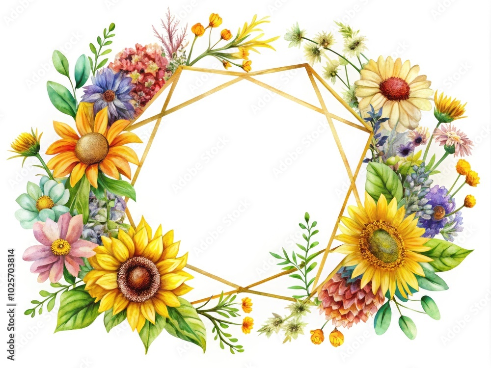 Obraz premium A golden polygonal frame showcases bright sunflowers and wildflowers in stunning watercolor, bringing a cheerful and vibrant floral essence to any artistic decor.