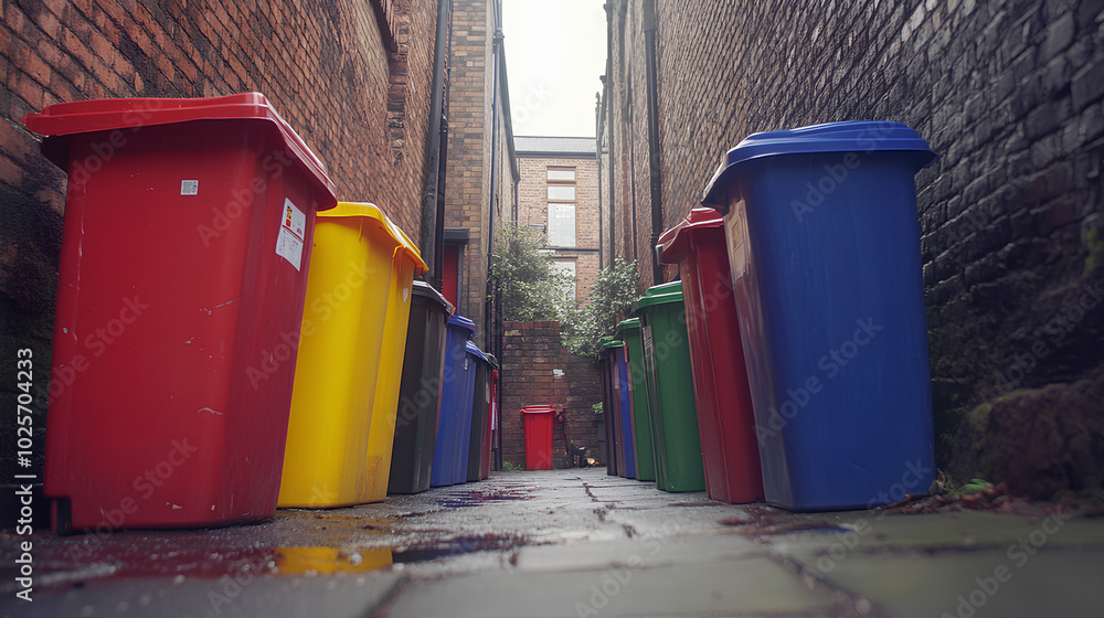 Obraz premium Colorful Trash Bins in Urban Alley