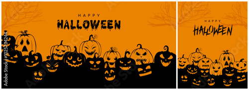 happy halloween banner background with spooky jack-o-lantern faces on pumpkin black and yellow creative simple design