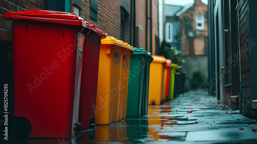 Colorful Trash Bins in Urban Alley