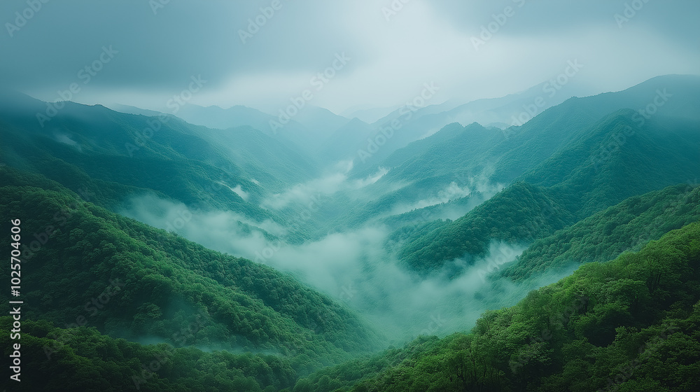 The mountains are covered in lush green trees and the sky is cloudy. The misty atmosphere gives the scene a serene and peaceful mood The mountains are covered in lush green trees and the sky is cloudy. The misty atmosphere gives the scene a serene and peaceful mood