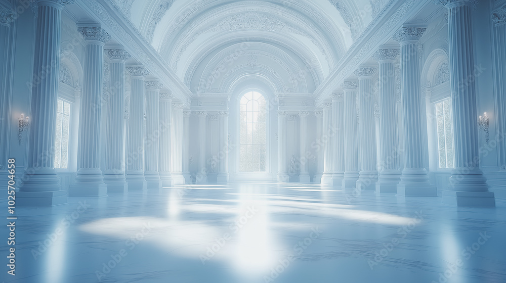 A large, empty, white room with a lot of pillars and a window. The room is very bright and open, giving it a sense of spaciousness and grandeur A large, empty, white room with a lot of pillars and a window. The room is very bright and open, giving it a sense of spaciousness and grandeur
